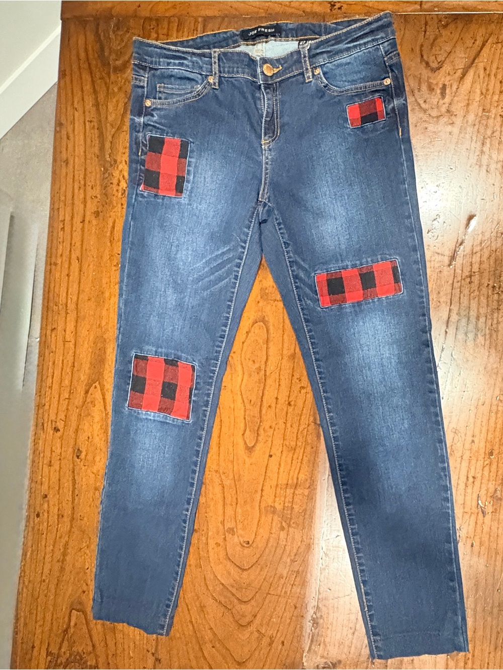 Joe Fresh Buffalo Plaid Patchwork Skinny Jeans Medium Wash Red Flannel Size 27